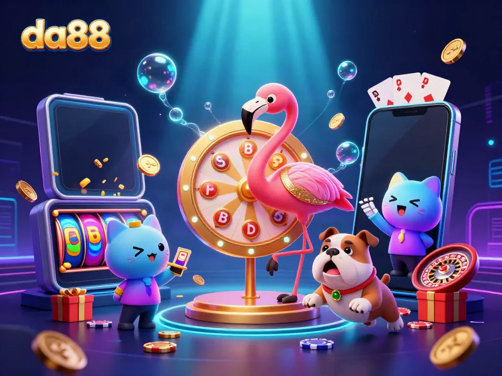 Experience excitement at da88 with a game show host, bulldog contestant, and vibrant casino elements.