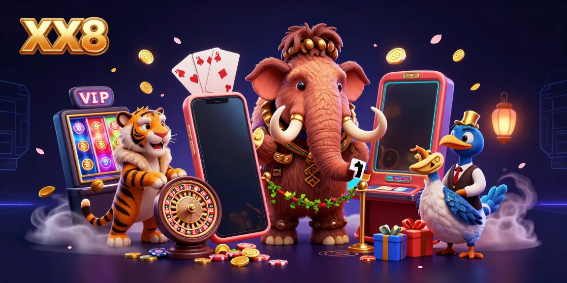 Experience the excitement at XX8 Casino with a unique 3D casino scene featuring a woolly mammoth bouncer and vibrant game elements.