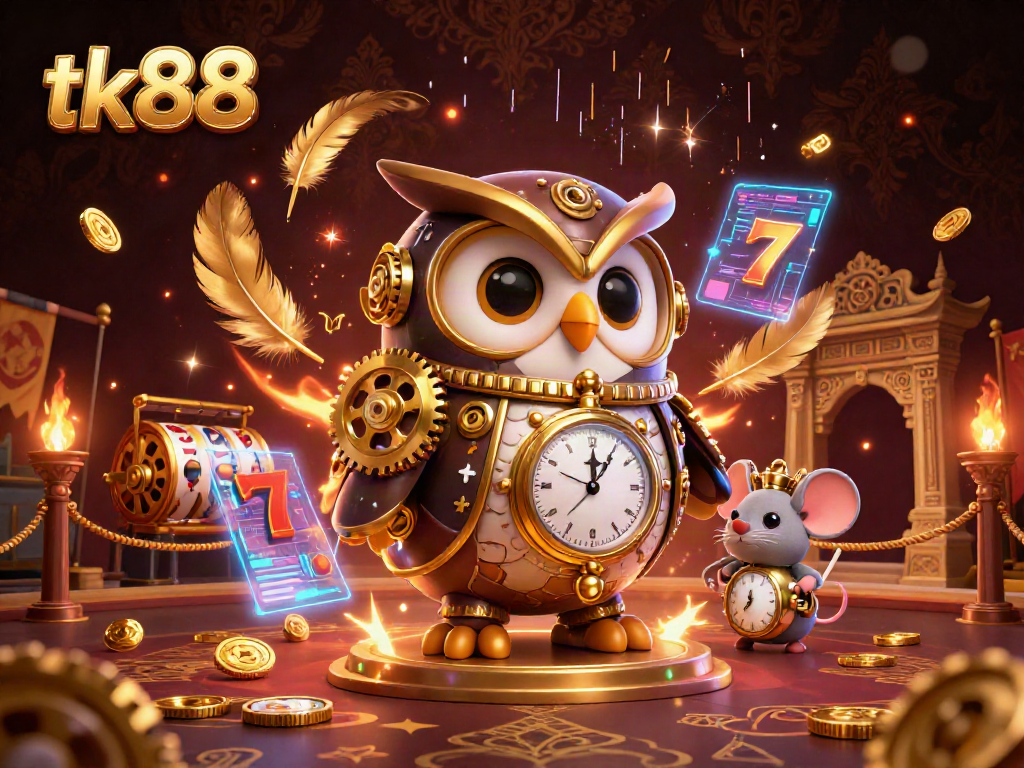 Engage with tk88's thrilling casino experience, featuring a time-traveler owl amidst vibrant gaming elements.