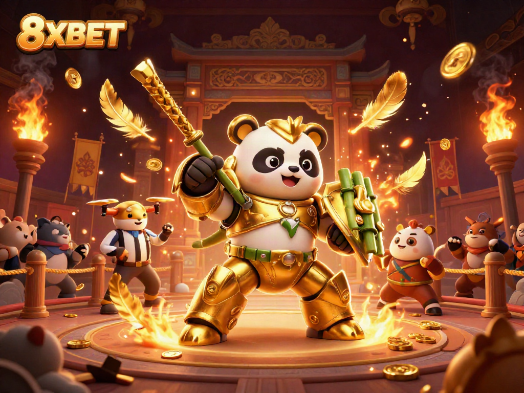 Experience the excitement of 8XBET with a dynamic arena featuring a mech-suited panda and thrilling casino elements.