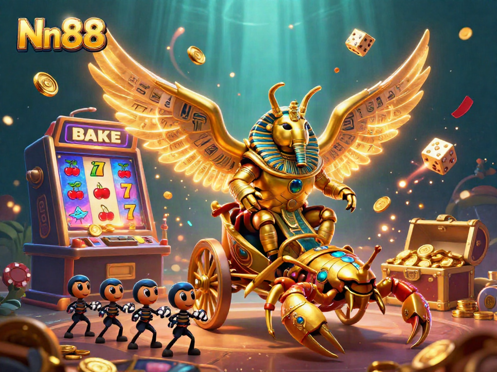 Nn88 presents an enchanting casino scene featuring a golden scarab beetle chariot amidst dynamic game elements.