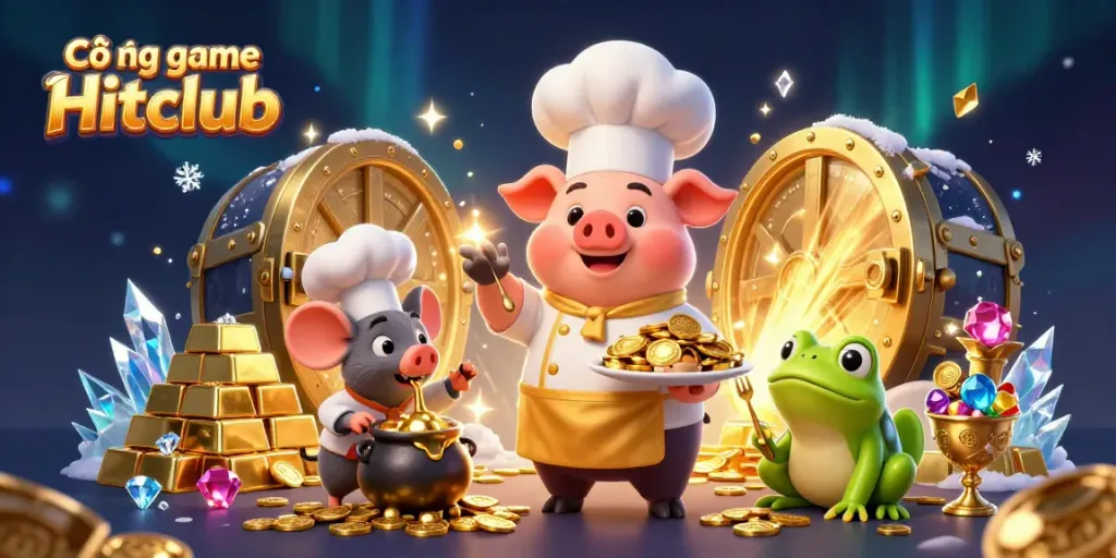 Engage with Cổng game Hitclub through a lush, vibrant 3D scene featuring animated characters and golden treasures.