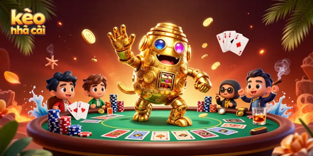 Engage with kèo nhà cái through a dynamic illustration of a golden golem surrounded by poker elements and vibrant casino ambiance.