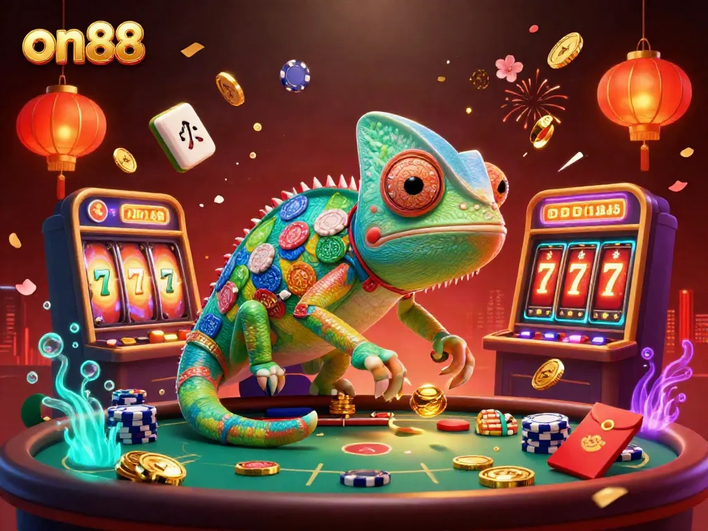 Win big with on88's vibrant 3D chameleon casino owner surrounded by slot reels and festive elements.