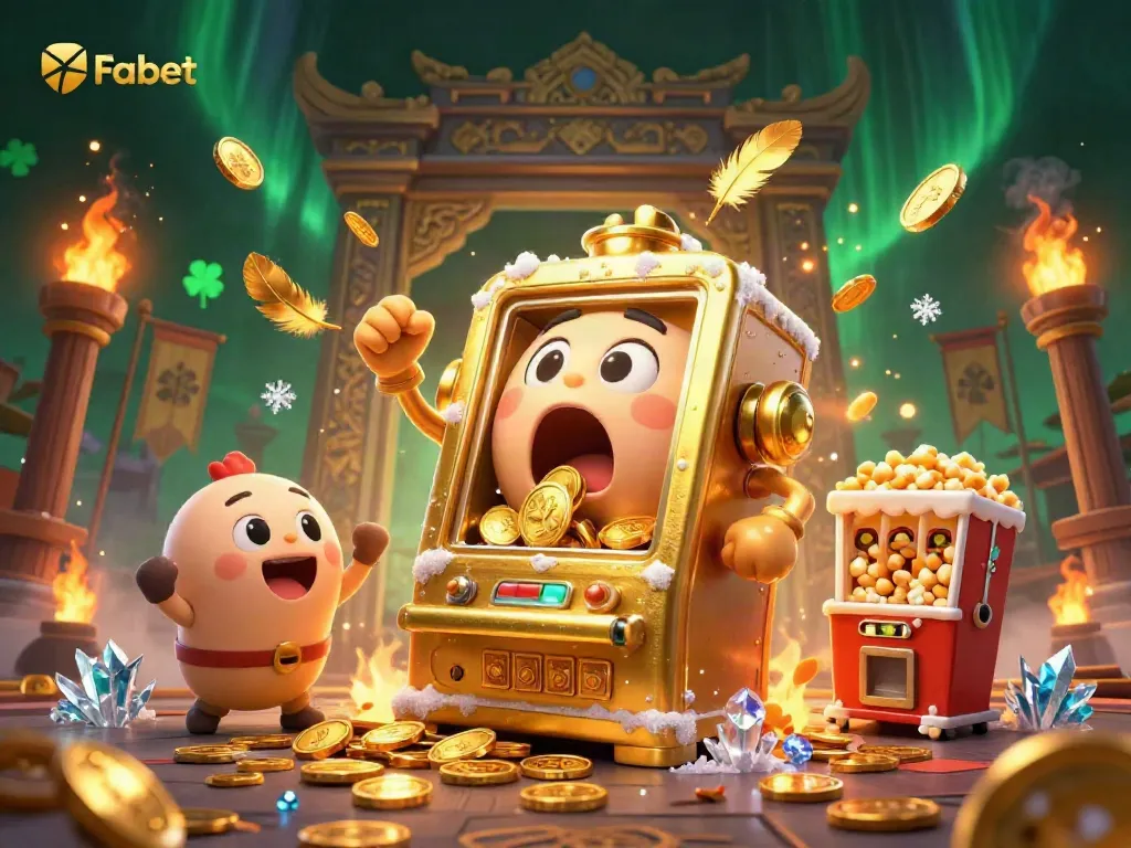 Experience thrilling wins at Fabet with a playful golden slot machine celebrating its jackpot.