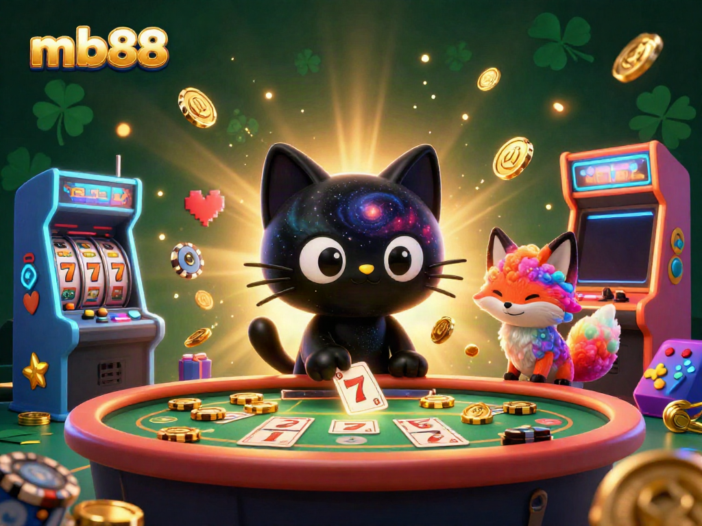 Experience the excitement of mb88 with a 3D cosmic casino scene showcasing golden chips and vibrant game elements.