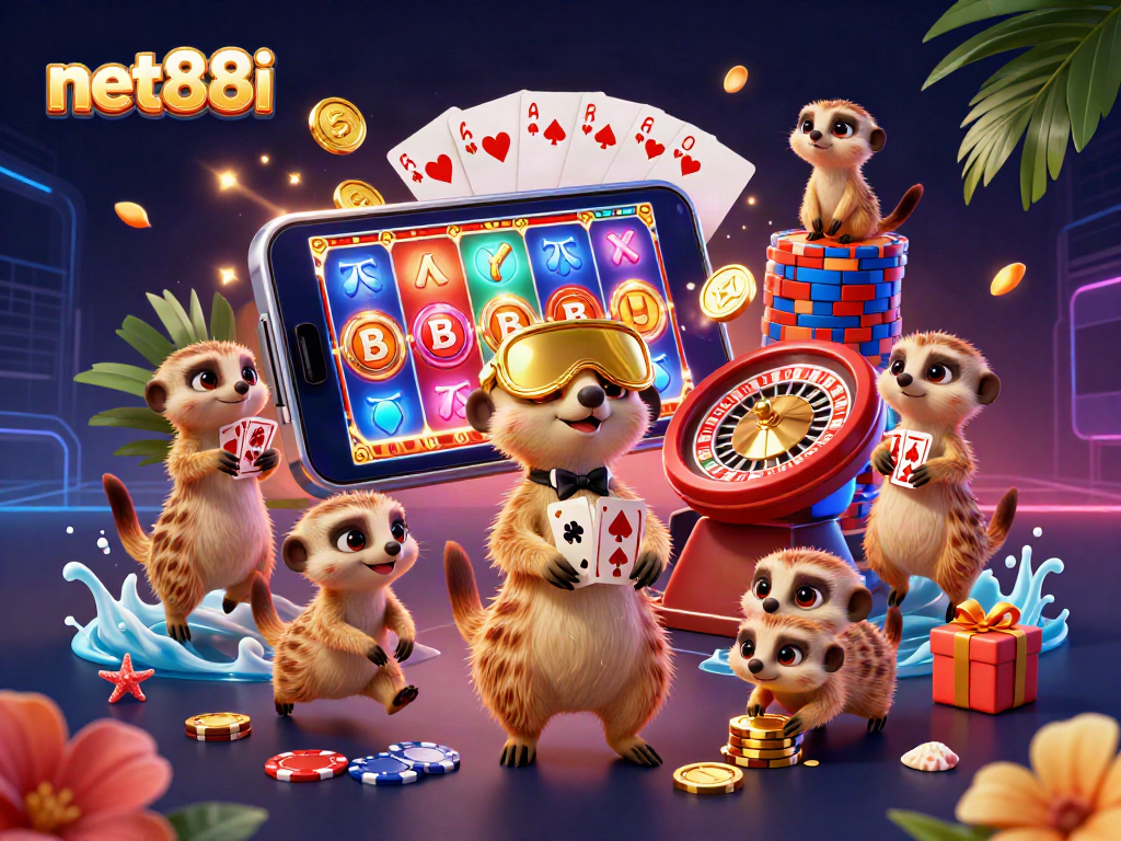 Experience thrill at net88i with meerkats managing an exciting casino operation in vibrant setting.
