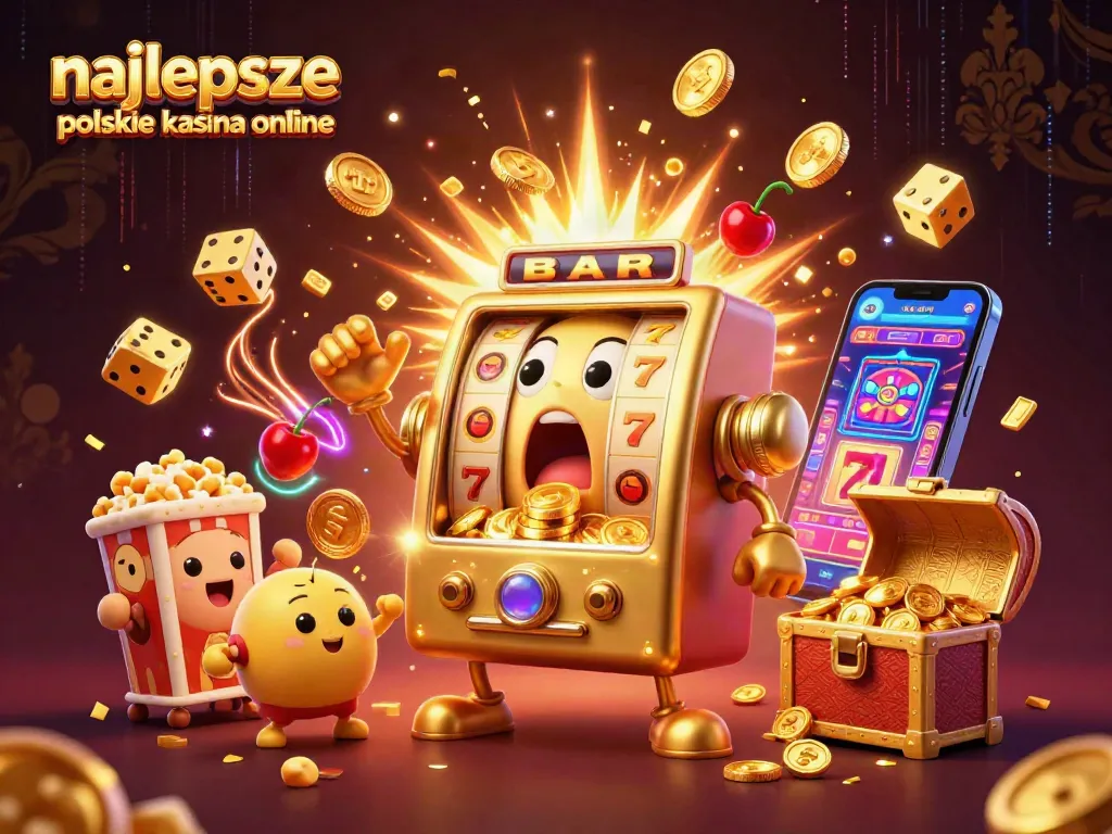 Experience the excitement at najlepsze polskie kasyna online as animated slots hit jackpots with coins pouring out.