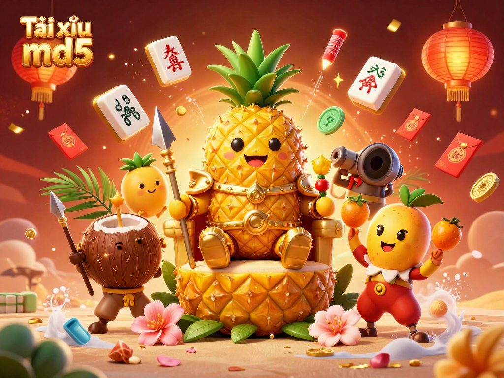 Experience the vibrant energy of Tài xỉu md5 with a colorful 3D casino scene featuring a pineapple king and playful characters.