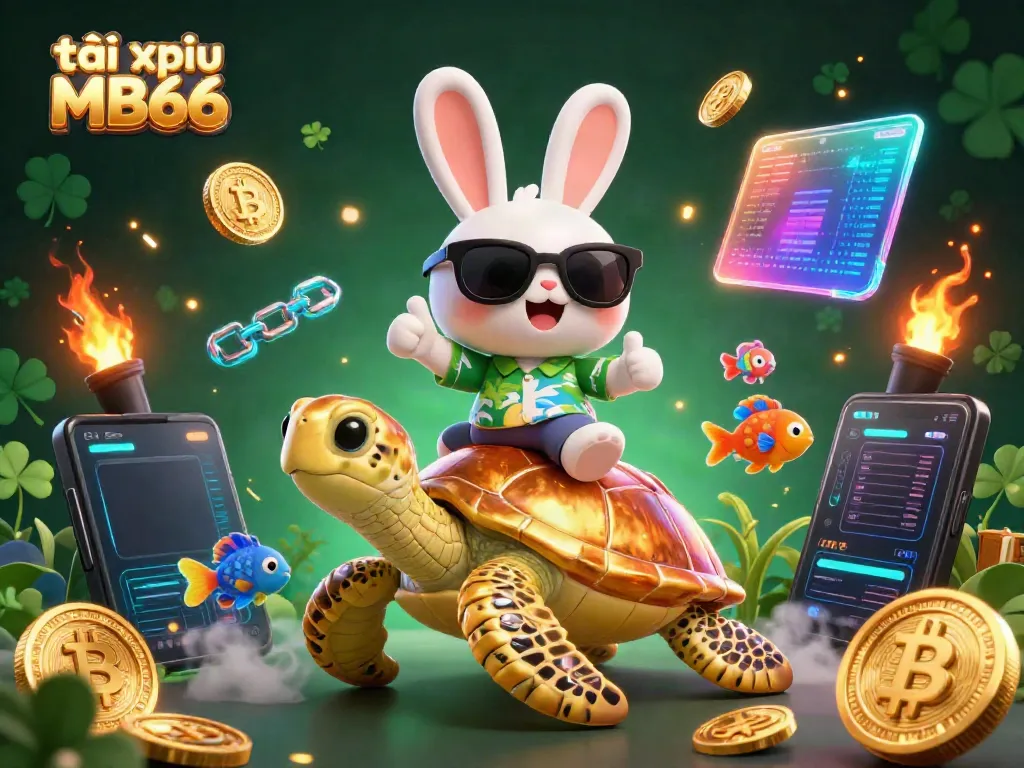 Engage in tài xỉu MB66 adventures with our lucky rabbit and golden sea turtle in a vibrant casino scene.