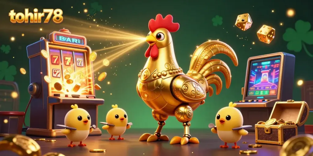 Engage with a vibrant casino scene showcasing tohir78 with golden rooster robot, slot machines, and dynamic game elements.