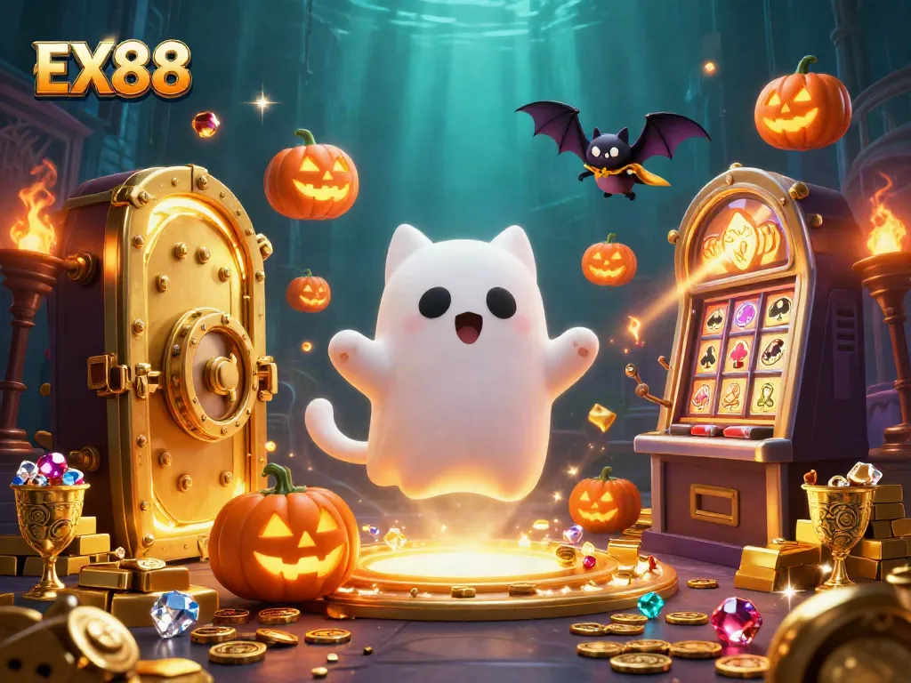 Engage with EX88's playful ghost cat in a vibrant haunted casino scene filled with treasures.