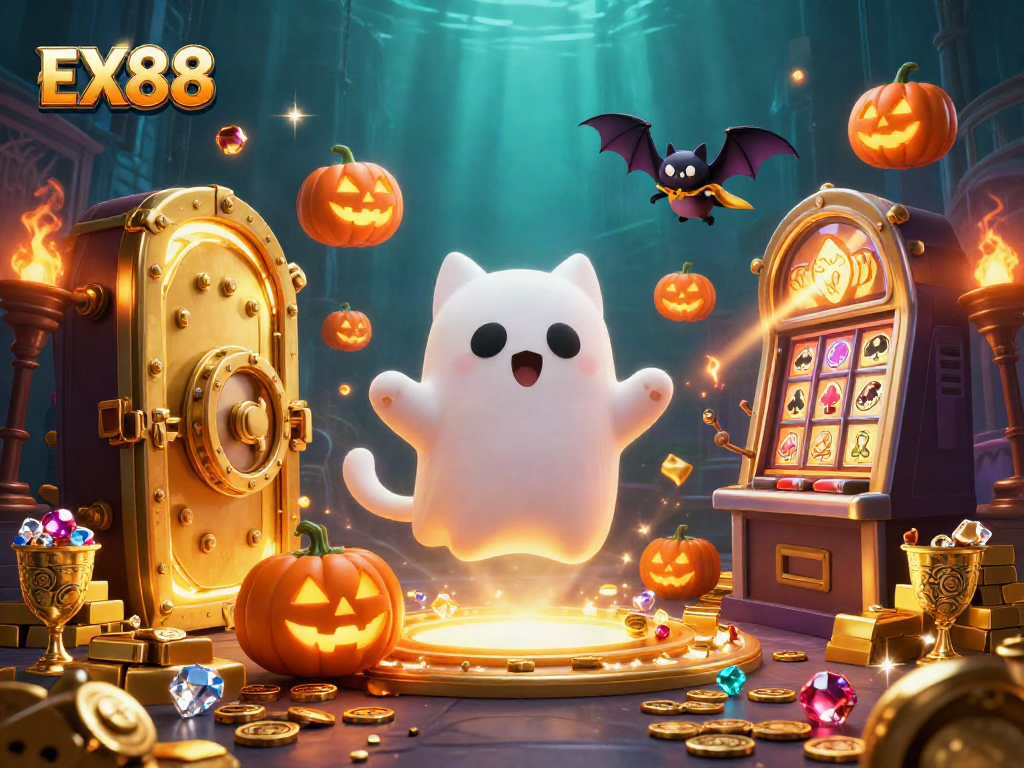 Engage with EX88's playful ghost cat in a vibrant haunted casino scene filled with treasures.