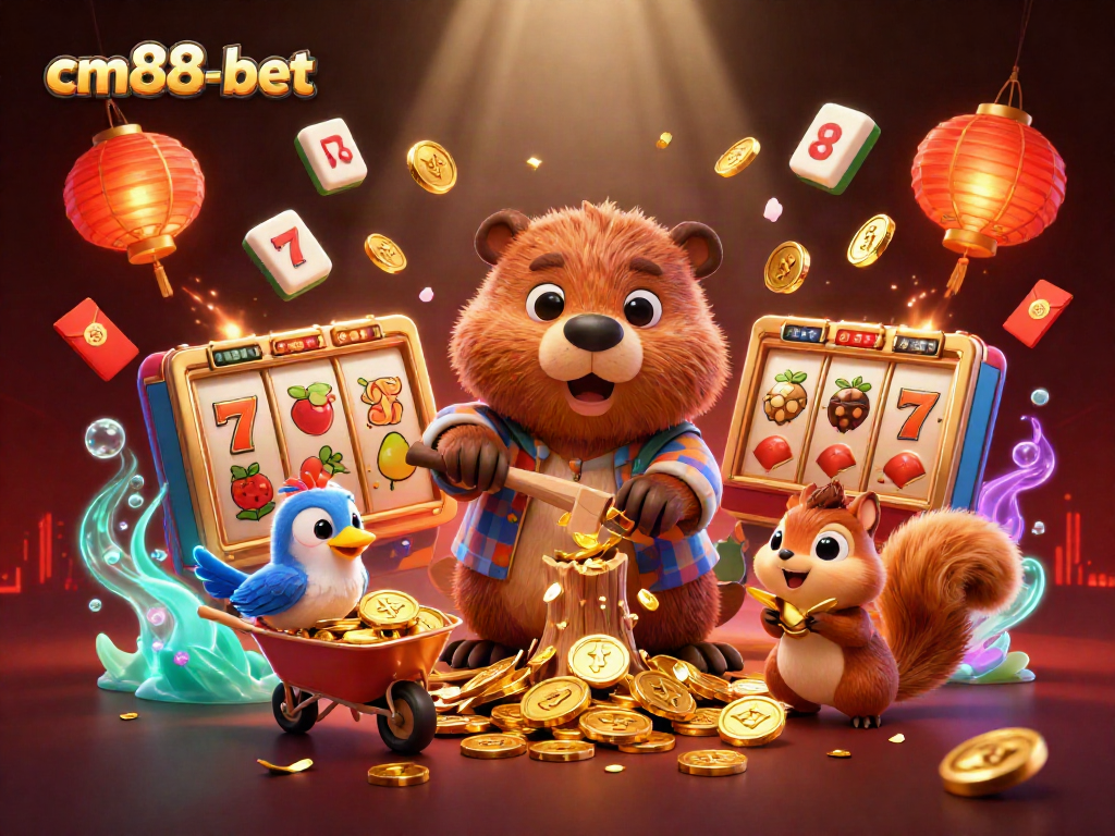 Experience the excitement of cm88-bet as playful characters engage with slot reels, surrounded by vibrant casino elements.
