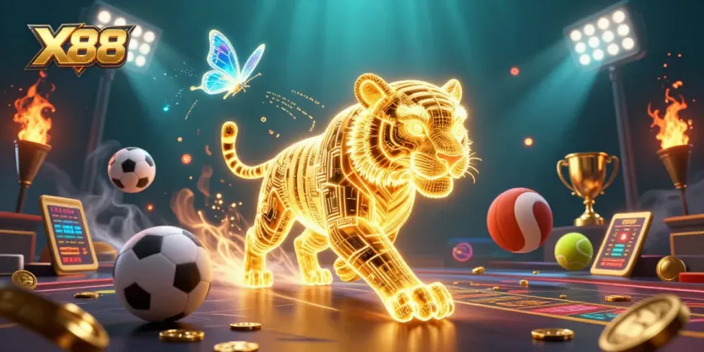 X88 players experience thrilling wins in a vibrant casino landscape filled with dynamic sports elements.