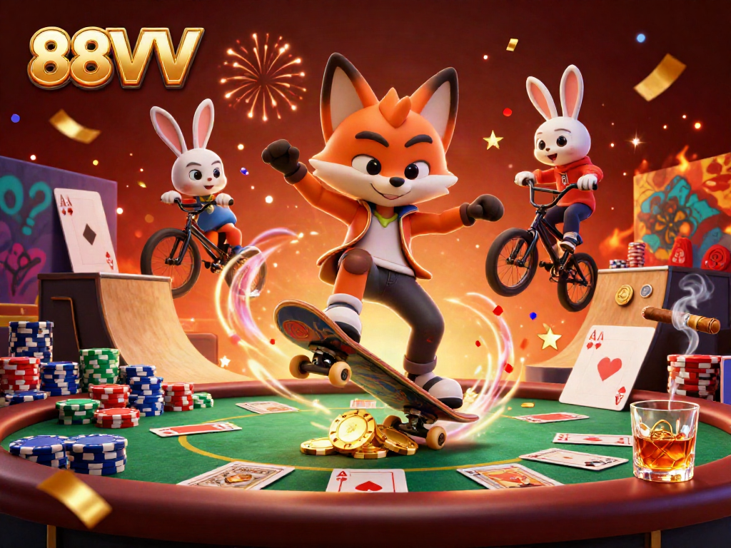 Experience thrilling action with 88VV as a fox performs stunts surrounded by vibrant casino elements.