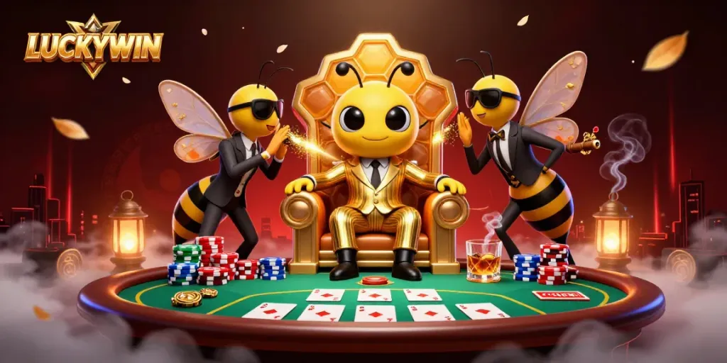 Engage with LUCKYWIN's vibrant casino scene featuring a mob boss and poker elements.