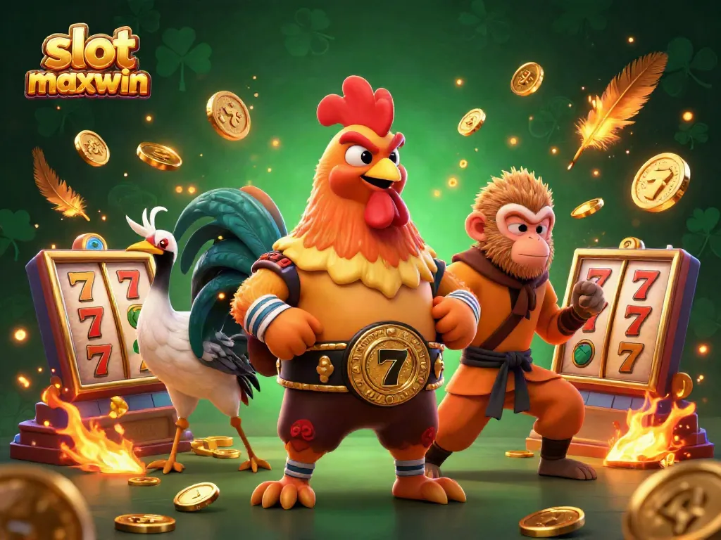 Mengguncang slot maxwin dengan kasino yang cerah dan karakter bertarung dalam suasana penuh energi.