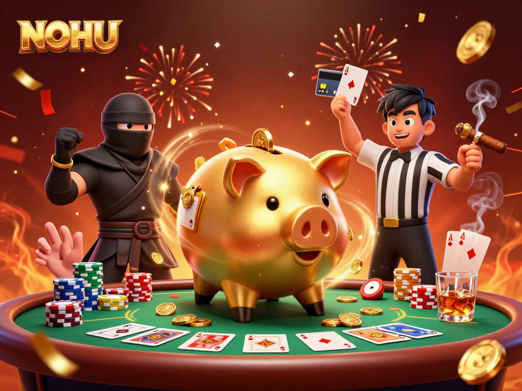 Win big at NOHU with animated characters and vibrant casino elements in a festive atmosphere