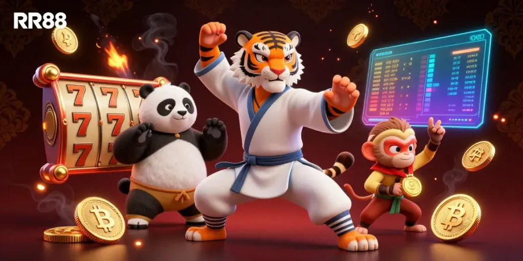 Experience thrilling gaming at RR88 with a kung fu tiger master and panda disciple amidst vibrant casino elements.