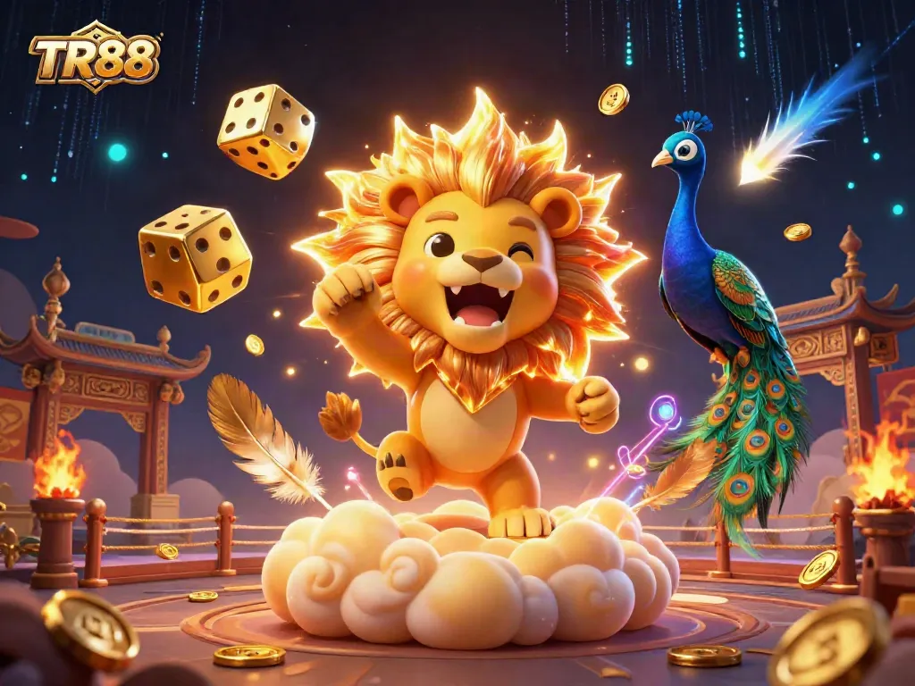 Experience the excitement at TR88 with a vibrant 3D casino illustration showcasing a roaring sun lion and golden dice.