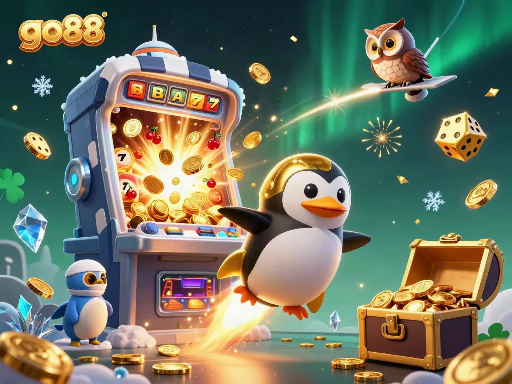 Experience the excitement of go88 where the golden penguin blasts off amidst vibrant casino elements and jackpots.