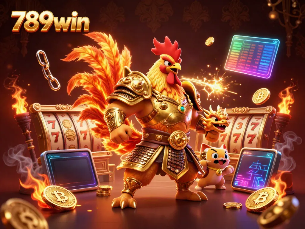 Engage with thrilling gameplay at 789win, featuring majestic rooster warrior and dragon hatchling amidst vivid gambling elements.