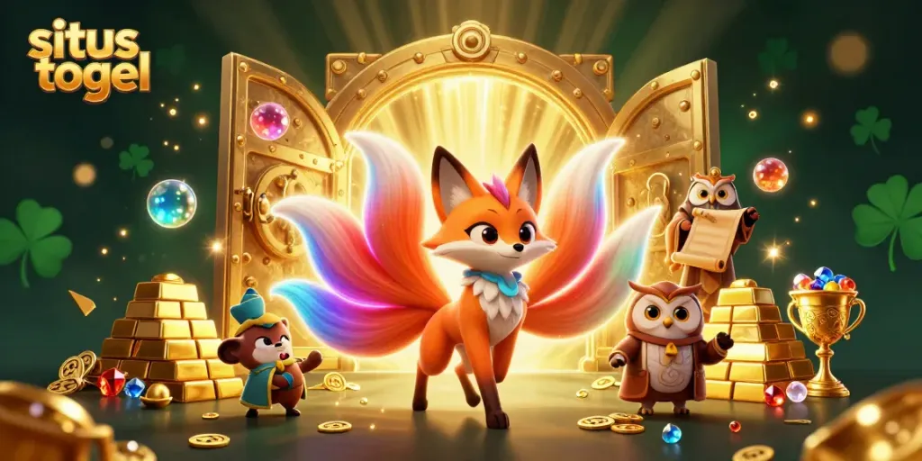 Experience thrilling situs togel magic with vibrant characters and glimmering treasures in this captivating digital art.