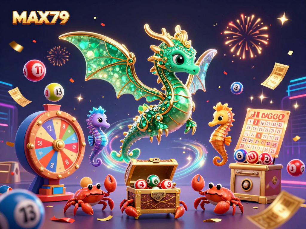 Experience thrilling games at MAX79 with a vibrant sea dragon and dynamic lottery elements.