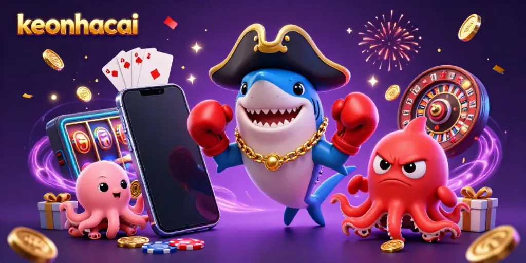 Engaging keonhacai scene with a shark, pufferfish, and octopus, celebrating with casino games.