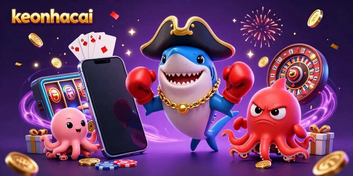 Engaging keonhacai scene with a shark, pufferfish, and octopus, celebrating with casino games.