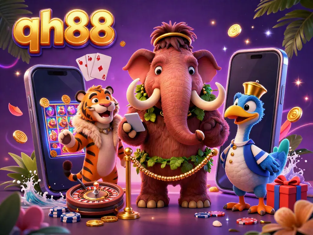 Experience the thrilling vibe of qh88 with a playful 3D illustration of whimsical casino characters and enchanting game elements.