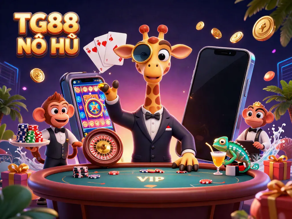 Experience the thrill of TG88 NỔ HŨ with vibrant characters, slot games, and casino elements in vivid 3D.