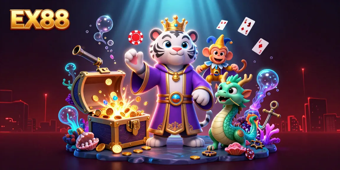 Experience the vibrant thrills of EX88 with 3D characters and dynamic casino elements at play.