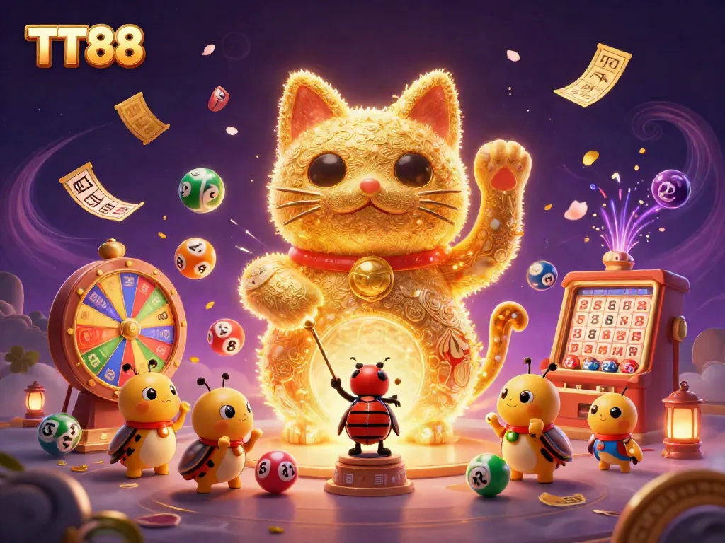 Experience luck with TT88 while enjoying vibrant casino symbols in a dynamic 3D scene.
