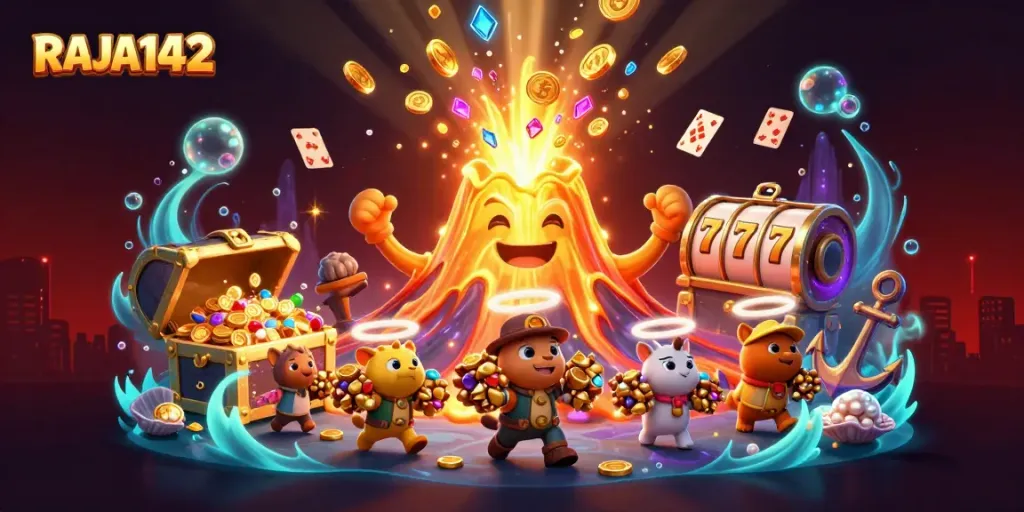 Experience excitement at RAJA142 with golden volcano and treasure in this 3D slot adventure.