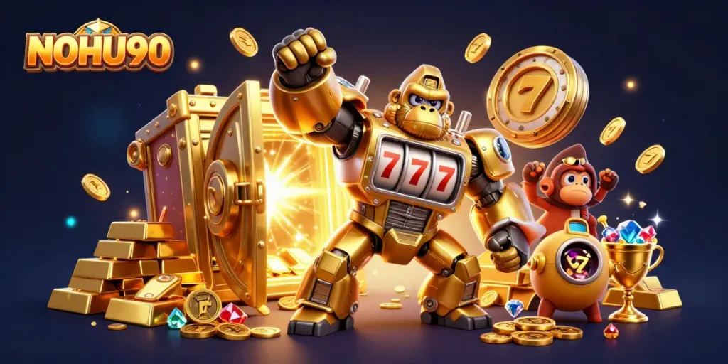 Witness the excitement of NOHU90 with a dynamic 3D gorilla mech and jackpot elements.