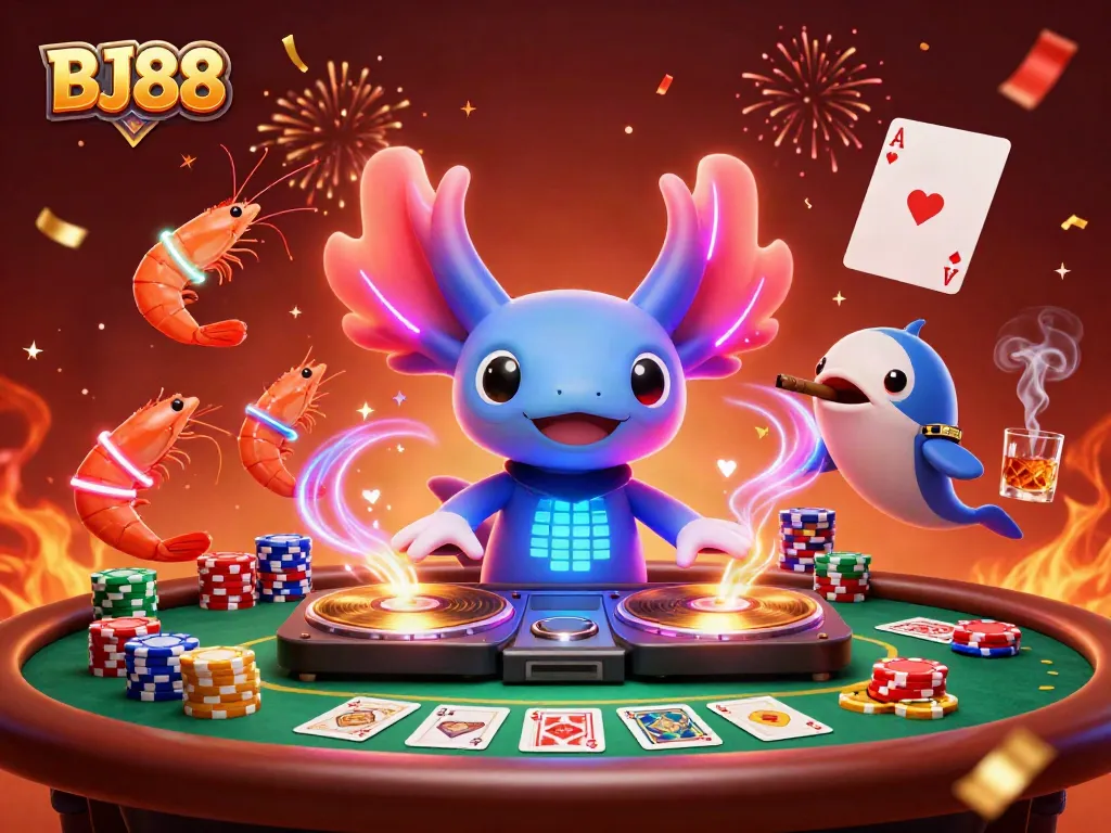 BJ88 showcases its lively gaming environment with a vibrant DJ axolotl, poker elements, and celebratory details.