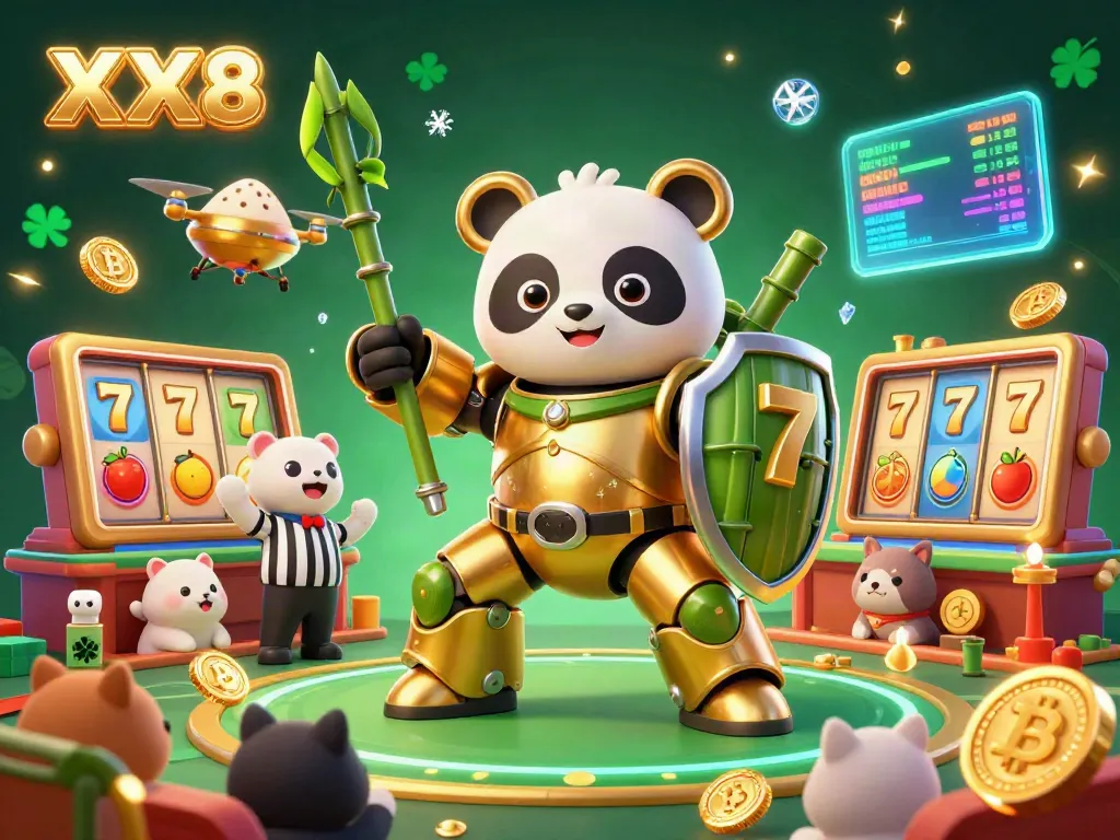 Engage in thrilling slot gameplay with the energetic XX8 panda fighting robot illustrated in a vibrant casino.