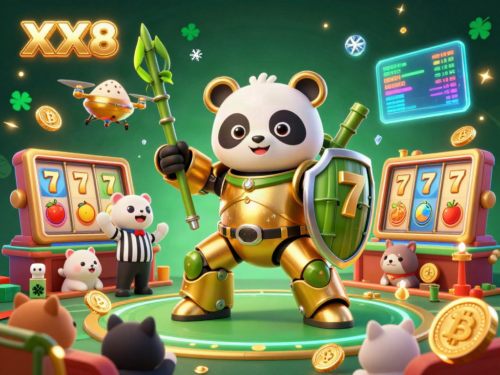 Engage in thrilling slot gameplay with the energetic XX8 panda fighting robot illustrated in a vibrant casino.