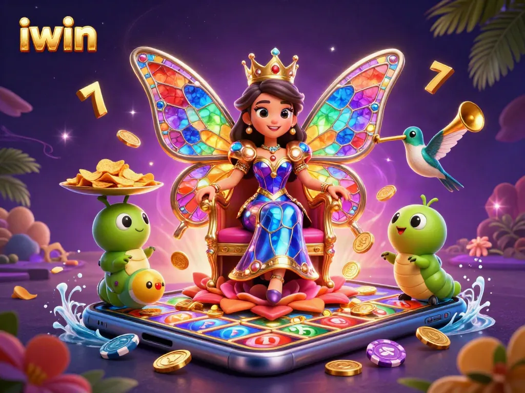 iwin gameplay illustrated with a colorful butterfly queen and vibrant slot game elements
