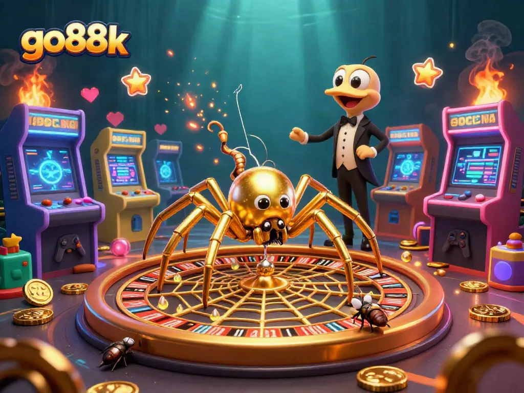 Spin to win with go88k at a vibrant casino scene featuring a golden spider and lively characters.