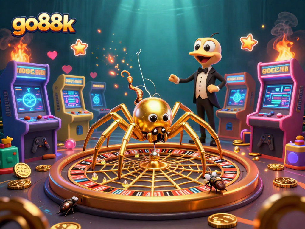 Spin to win with go88k at a vibrant casino scene featuring a golden spider and lively characters.