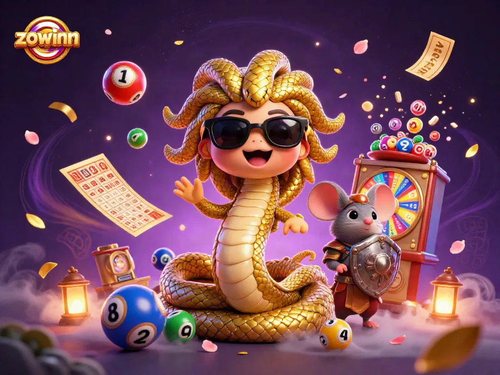 Zowinn's vibrant Medusa and warrior mouse engage in exciting games, showcasing dynamic lottery elements and rich casino aesthetics.