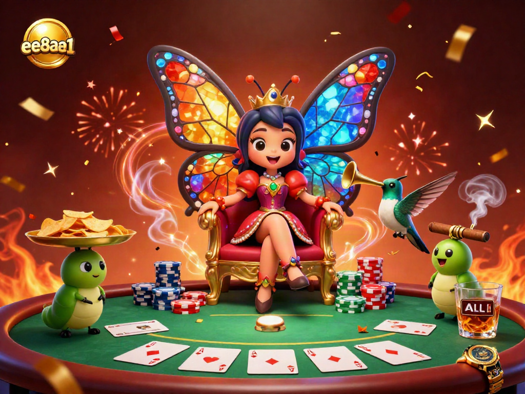 Experience the exciting atmosphere of ee88ae1's vibrant betting world with a butterfly queen, poker elements, and celebratory details.