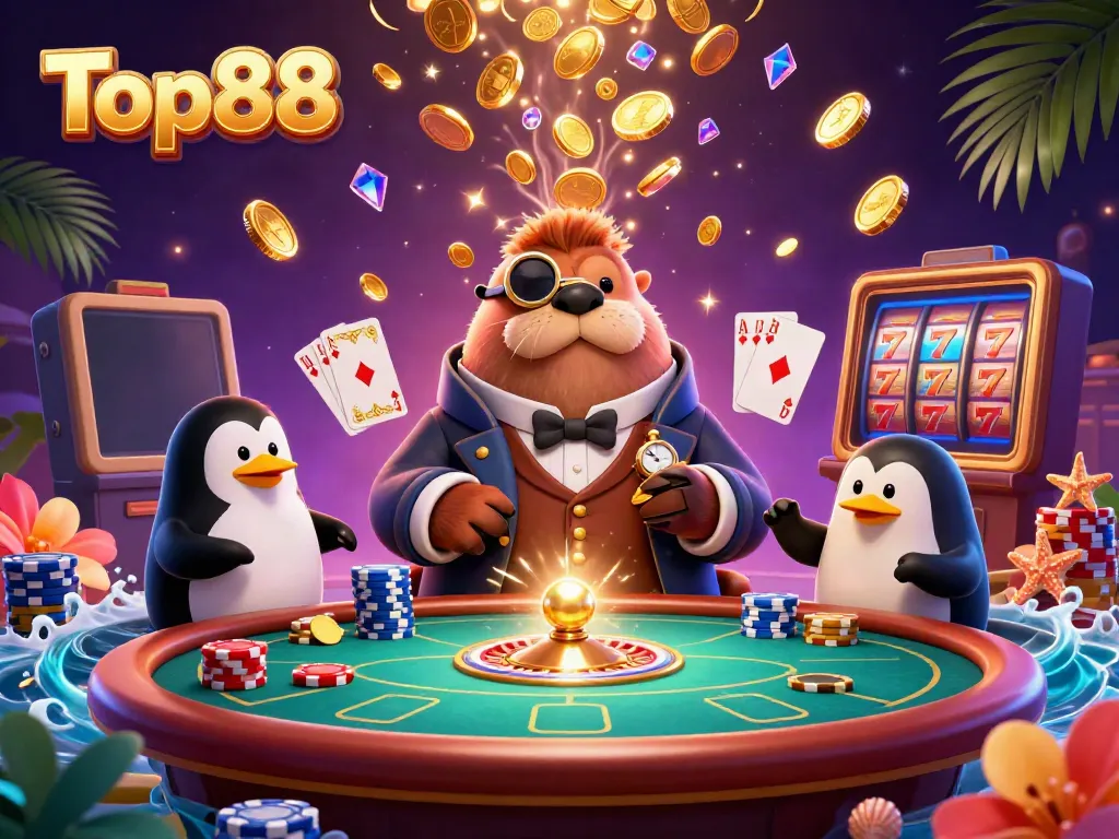 Engaging scene of Top88 featuring a walrus at a poker table with casino elements.