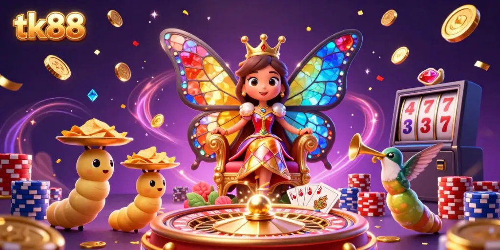 Experience the magic of tk88 with a vibrant casino scene featuring a butterfly queen and gaming elements.