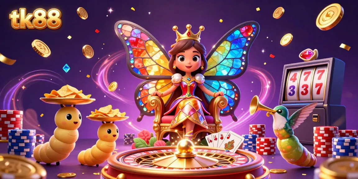 Experience the magic of tk88 with a vibrant casino scene featuring a butterfly queen and gaming elements.