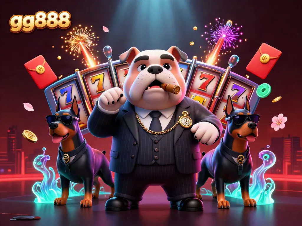 Engage with exciting casino action as gg888's mafia boss bulldog presides over spinning slot reels and festive game elements.