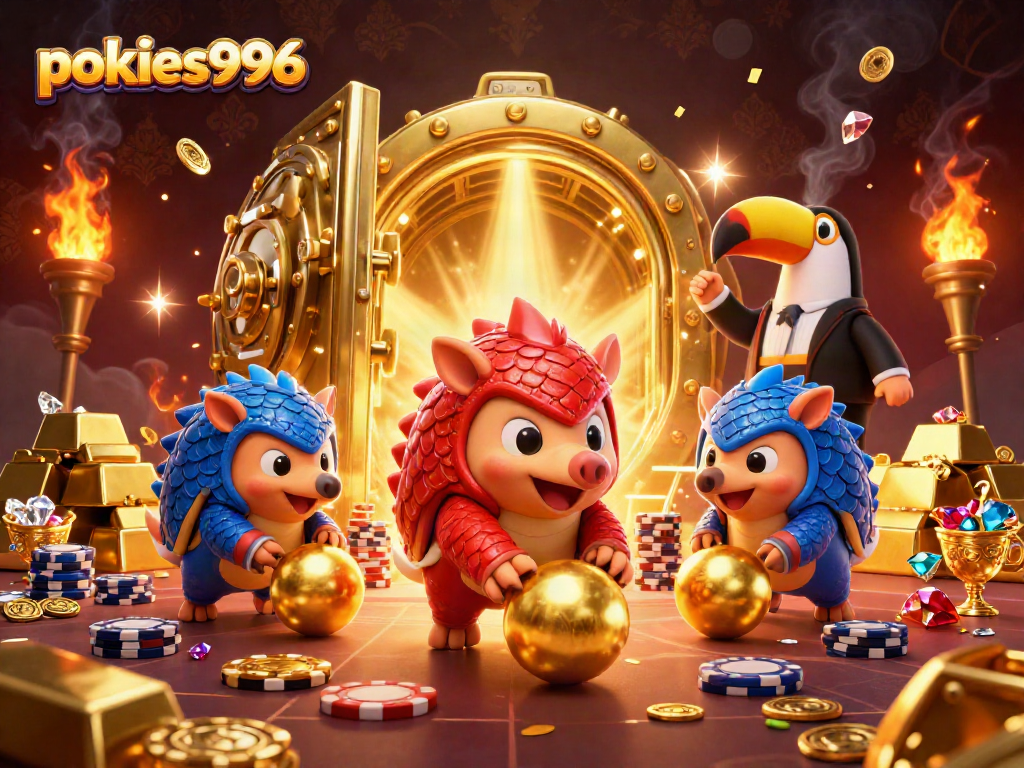 Experience the exciting world of pokies996 with vibrant pangolins bowling for victory amid a treasure-filled casino scene.